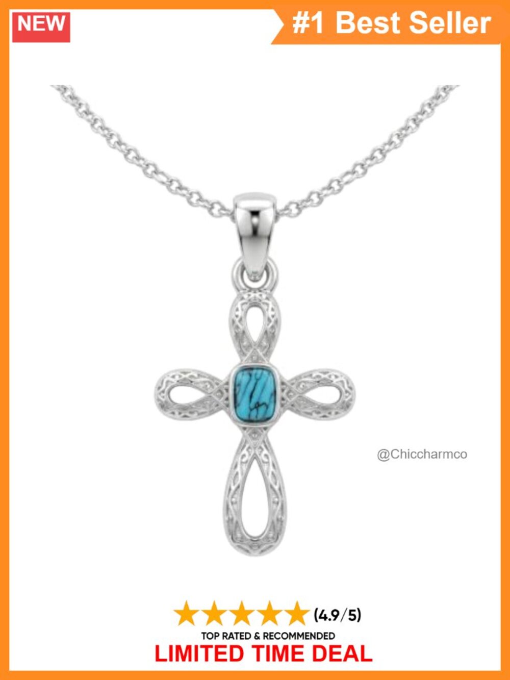 925 Sterling Silver Natural Turquoise Celtic Knot Cross Pendant Necklace